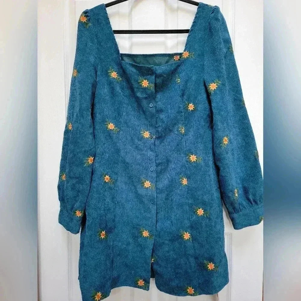 Cider Teal Corduroy Button-Front Mini Dress with Yellow Daisy Embroidery